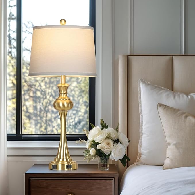 28.75" Gold Table Lamps Modern 3-Way Touch Control Dimmable Bedside Lamp with USB A+C Ports & AC Outlets for Living Room Bedroom Nightstand Lamp (Bulb Included) - Bloomnest