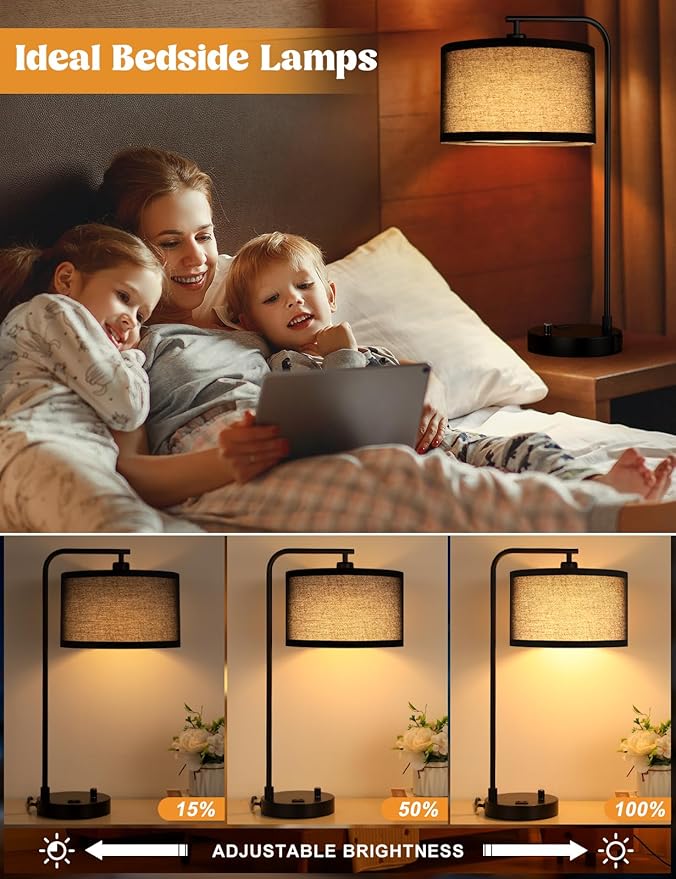 Innqoo Black Tall Table Lamp with USB Port and Outlet, Dimmable Nightstand Bedside Lamps with Linen Lampshade, Desk Lamp for Bedroom, Living Room, Guest Room, Home Office, LED Bulb Included - Bloomnest
