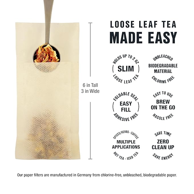 Tiesta Tea Loose Leaf Filters for Brewing, Disposable Infuser for Hot & Iced Drinks, Easy-Fill Steeper, Unbleached Paper, Single-Cup Infuser for Loose Leaves, 100 Empty Bags (6 pack) - Bloomnest