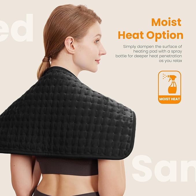 Electric Heating Pad for Back Pain Relief & Cramps - 6 Heat Settings,Auto Shut Off,Moist Heat Options,Portable Heated Pads for Neck/Shoulder Machine Washable Gift for Men Women,Black,12"x24" - Bloomnest
