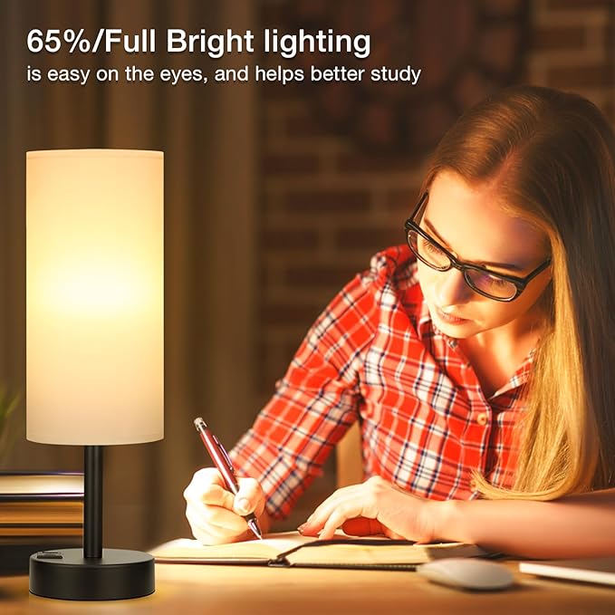 Bedside Touch Table Lamps for Bedroom Nightstand with USB-C USB-A Charging Ports White, 3 Way Dimmable Small Lamp Fabric Shade Black Base for Office, Living Room, Dorm Room Reading - Bloomnest