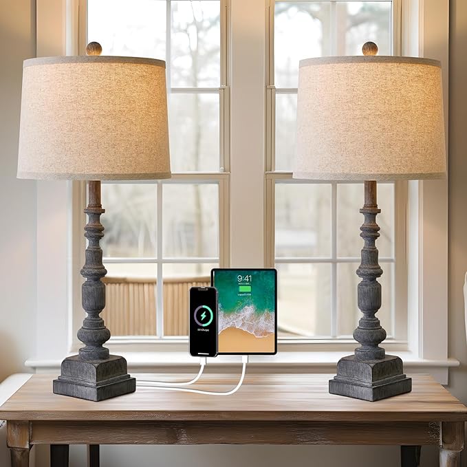 Oneach 27.75" Vintage Farmhouse USB A+C Table Lamps Set of 2 for Living Room Traditional Bedside Lamps for Bedroom Office Mid Century Table Lamp Antique Grey Accent Rustic Lamps for End Table - Bloomnest