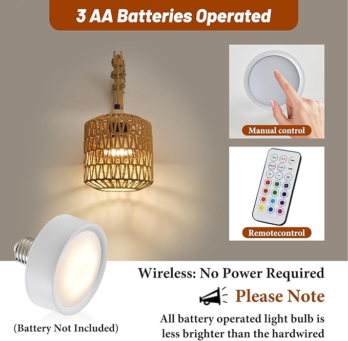 Battery Operated Wall Sconce Set of Two, Rechargeable Rattan Wall Sconces with Remote RGB 15 Colors Dimmable, Farmhouse Boho Wall Lights for Bedroom Living Room Entryway - Bloomnest