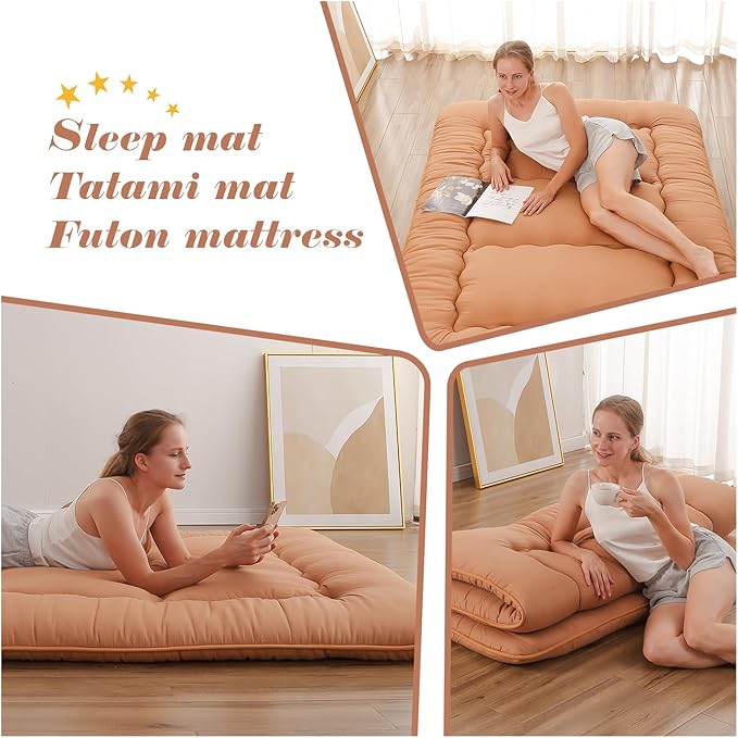 Japanese Floor Mattress, Futon Mattress with Portable Storage Bag and Washable Cover, Roll Up Thick Tatami Mat Suitable for Camping, Guest Room, Light Coffee, Full - Bloomnest