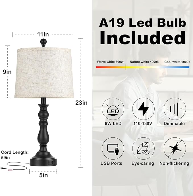 23'' Farmhouse Table Lamps for Living Room Set of 2 with USB C+A Ports, Retro Bedside Lamp for Bedroom, Office, Dining Room, Knob Switch, 3 Color Temperatures, Bulb Included, Black - Bloomnest