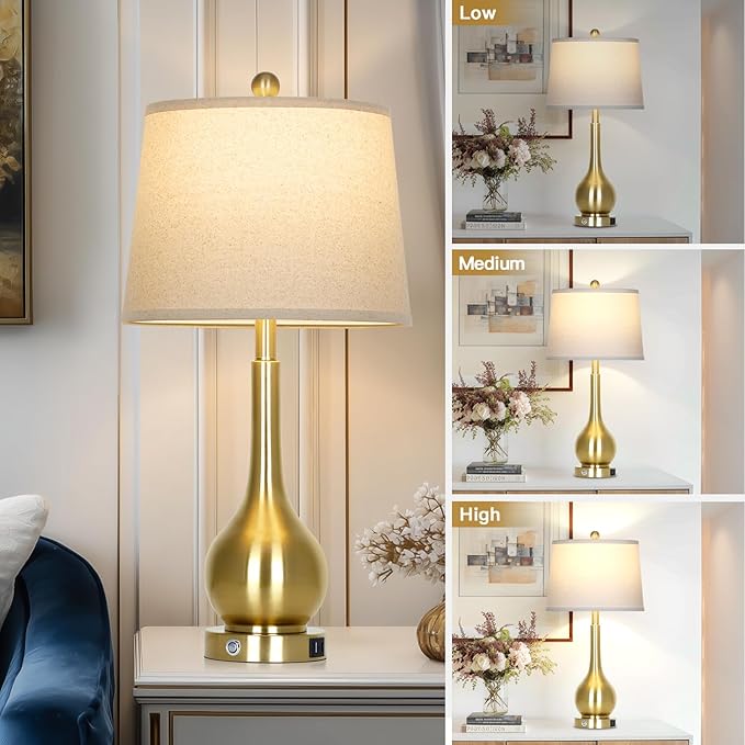 26" Gold Table Lamps Set of 2 for Living Room, Touch Control Bedroom Lamps for Nightstand, 3-Way Dimmable Bedside Lamp with USB A+C Port (2 LED Bulbs Included) - Bloomnest