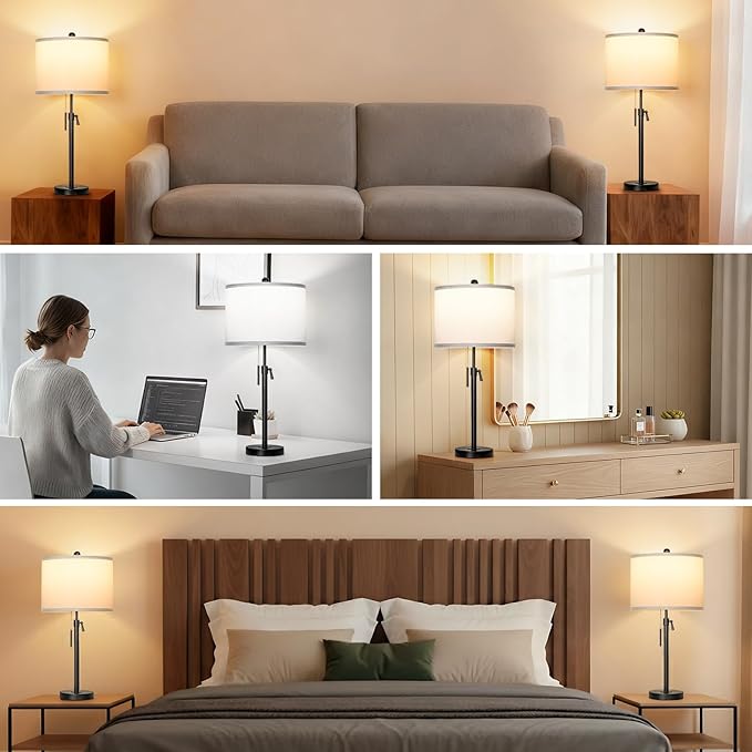 Black Table Lamps for Bedrooms Set of 2: 22" to 30" Height Adjustable Nightstand Lamps with White Linen Shade | Pull Chain Switch | Metal Base 丨3 Color Temperatures Included Beside Lamp (Black) - Bloomnest