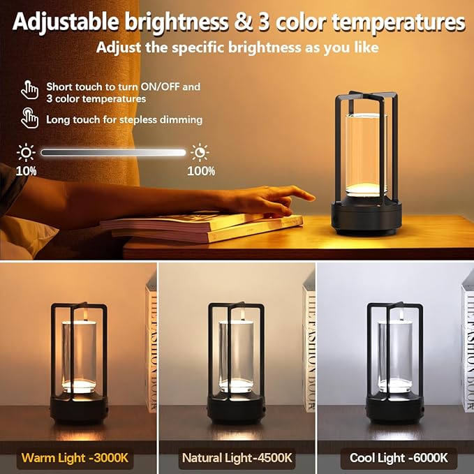 Small Cordless Table Lamps Rechargeable Set of 2 for Indoor/Outdoor, Portable Battery Operated Powered Lamps, Dimmable 3 Color Modes Waterproof, LED Desk Lights for Bedroom/Restaurant/Camping-Black - Bloomnest
