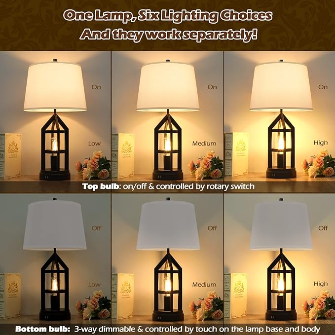 BesLowe 2-Light Farmhouse Touch Table Lamps, 3-Way Dimmable Bedside Lamps with 2 USB Ports for Bedroom, Rustic End Table Lamps for Living Room with White Shades, 4 LED Bulbs Included, Set of 2 - Bloomnest