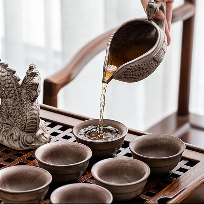 Chinese Gongfu Tea Set - Ceramic Teapot with Infuser, 8 Cups, Semi Automatic Dragon Design for Loose Leaf Tea