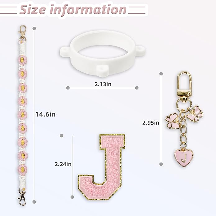 Compatible with Owala Water Bottle Accessories, Cute Letter Charm Set with Boho Handle Strap, Monogram Sticker, Silicone Ring, Keychain Decoration, for FreeSip 24 32 40oz, Owala Kids, Tumbler Gift SITKOL