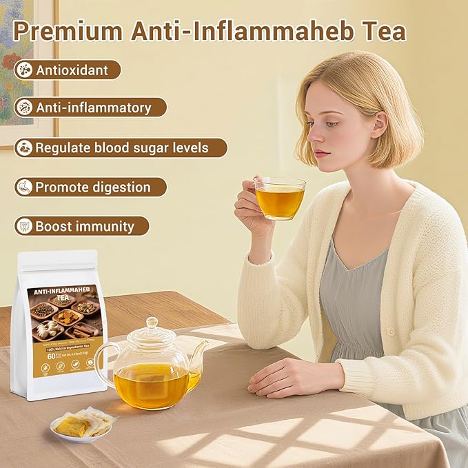Anti-Inflammaheb Tea, 100% Natural Inflammation Tea from Premium Turmeric, Ginger, Cinnamon, Cardamom, Cumin, Coriander Seeds Herbal Ingredients, Supports Antioxidant, Boost Immunity (1 Pack/60 Bags） - Bloomnest