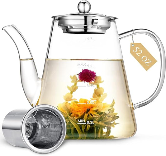 1500ml Glass Teapot, Large Tea Pot with Infuser for Loose Tea and Blooming Tea, Stovetop Safe Tea Kettle, Hand Crafted Borosilicate Glass Tea Maker with Scale Line, Tea Gift Set for Tea Lovers - Bloomnest
