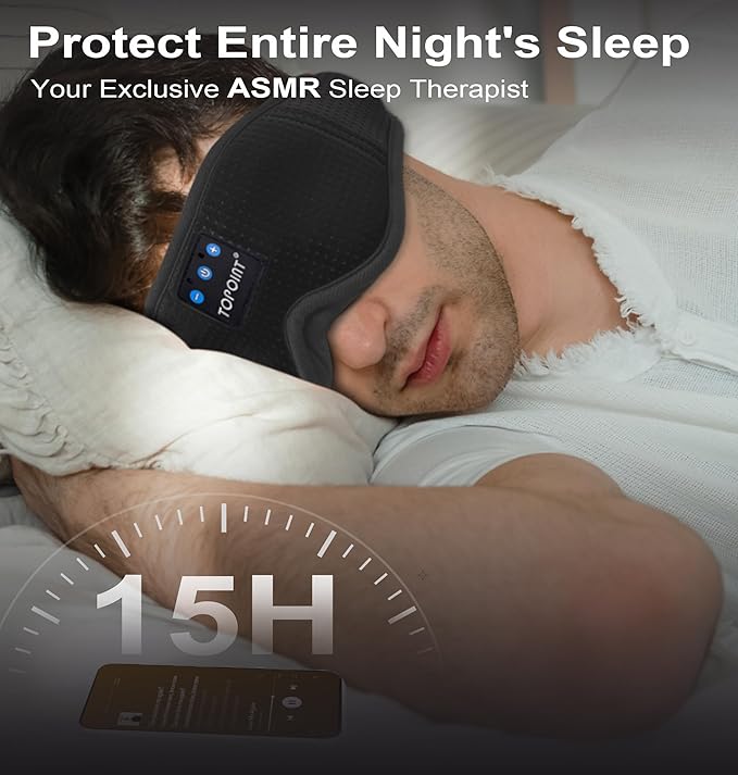 Sleep Mask with Bluetooth Headphones Wireless, TOPOINT 3D Eye Mask for Sleeping Headphones Women Men with Noise Canceling Earbuds, Thin Speaker, Blackout, 15 Hours for Travel, Meditation, CPAP Users - Bloomnest