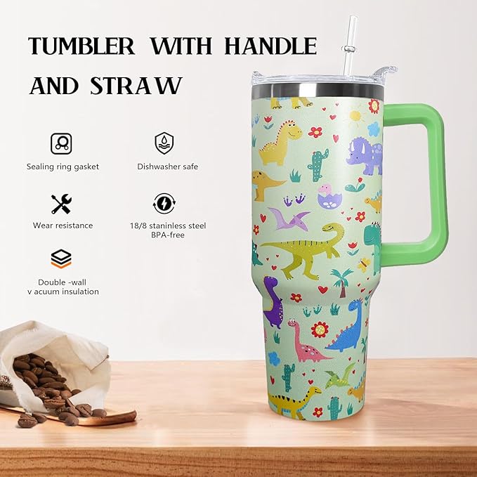 Stainless Steel Dinosaur Tumbler - 40 oz, Coffee Travel Mug with Lid and Straw, Perfect Dinosaur Gifts for Women - Bloomnest