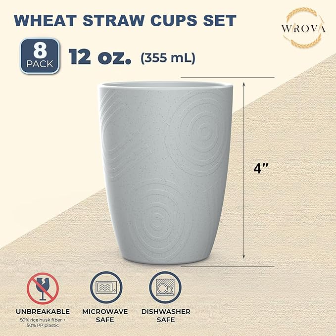 Wheat Straw Cups 8 PCS Good Alternative to Plastic Reusable Cups 12 oz Unbreakable Drinking Cup Reusable Dishwasher Safe Water Plastic Glasses Light Grey - Bloomnest