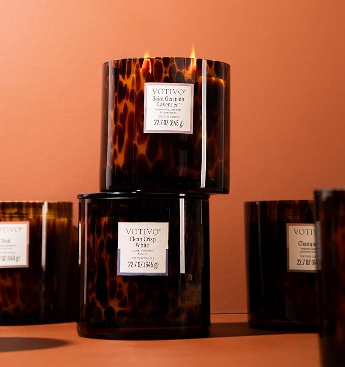 Votivo Clean Crisp White Tortoise Scented Candle | 22.7 oz Soy Wax Blend | Luxurious Cotton Scent | Decorative Home Decor Tortoiseshell Pattern | 100 Hour Burn Time - Bloomnest