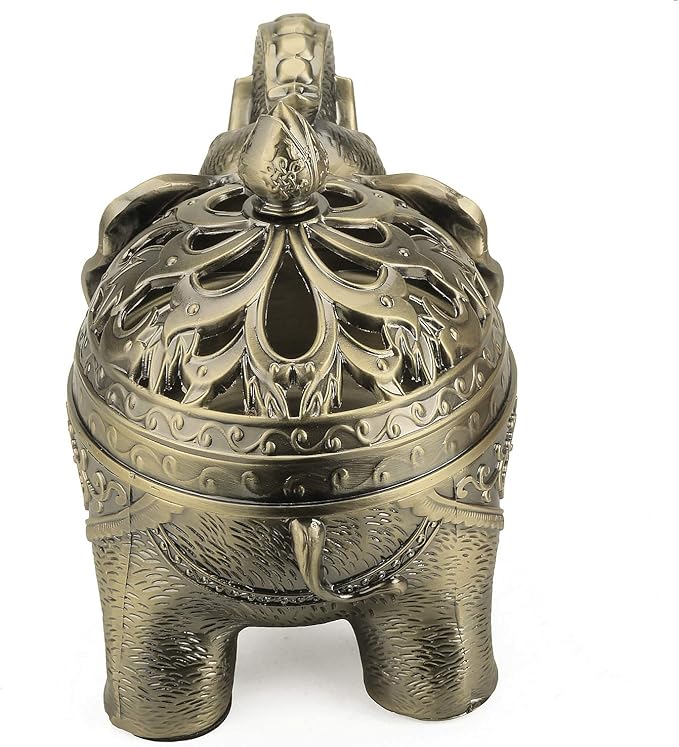 K COOL Metal Backflow Incense Holder Elephant Cone Coil Incense Burner Ash Catcher with Lid, Aromatherapy Ornament Home Office Decoration for Indoor Outdoor (Bronze) - Bloomnest