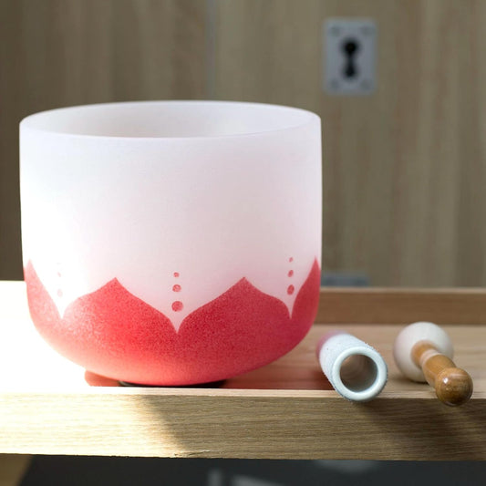 Leize Quartz Crystal Singing Bowl C Note 432 hz Root Chakra Red Lotus Design 12" Wide with Suede Striker