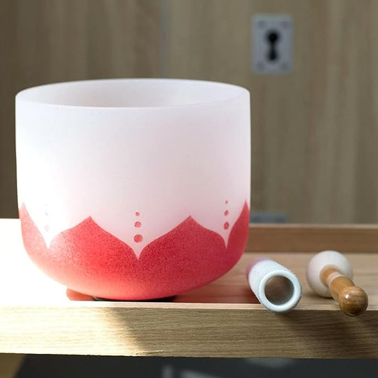 Leize Quartz Crystal Singing Bowl C Note 432 hz Root Chakra Red Lotus Design 12" Wide with Suede Striker - Bloomnest