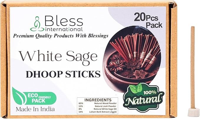 Bless-International White-Sage-100%-Natural-Incense-Bambooless-Dhoop-Sticks Handmade-Organic-Chemicals-Free for-Purification-Relaxation-Positivity-Yoga-Meditation The-Best-scents-4.5-Inches-20-Sticks BlessInternational