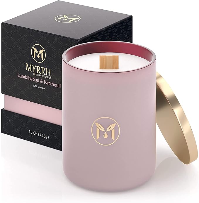 MyrrhUSA Sandalwood Patchouli Scented Candle – 15 oz Natural Soy Wax with Crackling Wooden Wick & Essential Oils, 80 Hour Burn, Luxury Aromatherapy Candle for Relaxation, Home Décor & Gift Purpose - Bloomnest