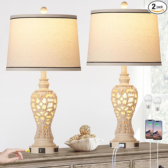 Table Lamps Set of 2, Farmhouse Table Lamps with Nightlight, Rustic Bedside Lamps with Dual USB & AC Outlet, 25.2'' Beige Vintage Nightstand Lamps for Bedroom Living Room, Bulbs Included - Bloomnest
