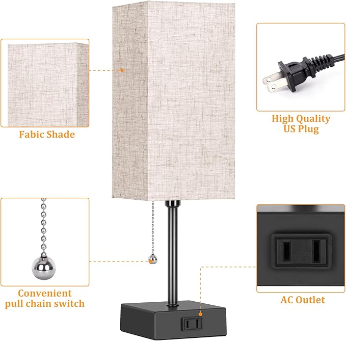 Table Lamp for Bedroom set of 2,3-Color Bedside Lamps with Pull Chain Table Lamps for Nightstand with AC Outlets,Night Light Lamps with 2 Bulbs Lamps for Living Room Kids Office Decor（Black+Cream） - Bloomnest