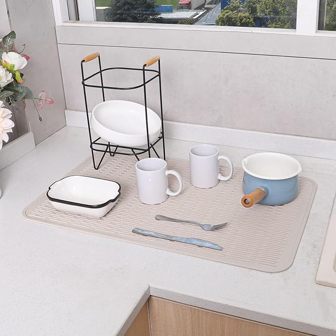 Silicone Dish Drying Mat for Multiple Usage,Easy clean,Eco-friendly,Heat-resistant Silicone Mat for Kitchen Counter or Sink,Refrigerator or Drawer Liner Tapioca 3XL 28 inches x 18 inches - Bloomnest