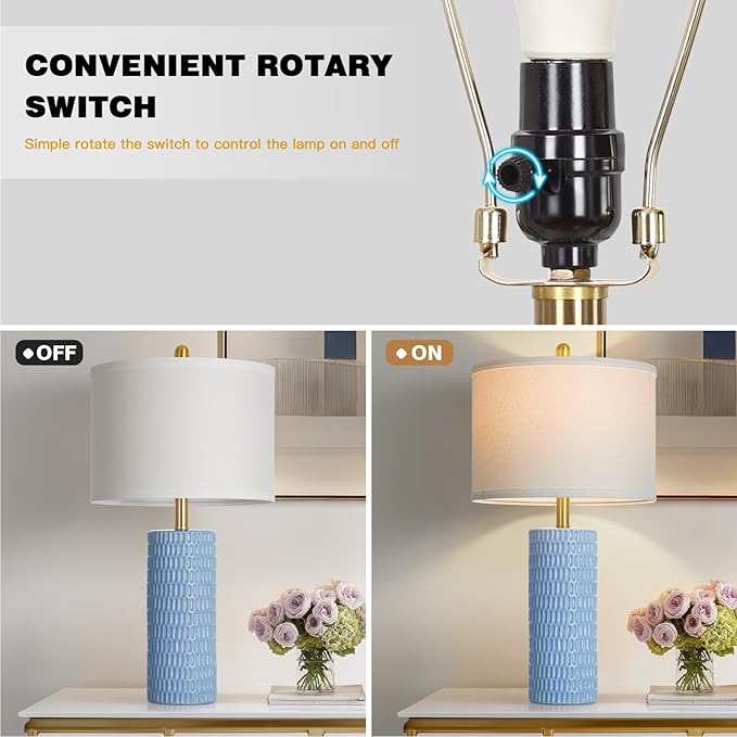 27" Blue Ceramic Lamps Set of 2, Coastal Ceramic Table Lamps for Living Room with Rotary Switch, Classic Bedside Lamp for Nightstand, Tall Lamps for Bedroom Side End Table Home Decor - Bloomnest