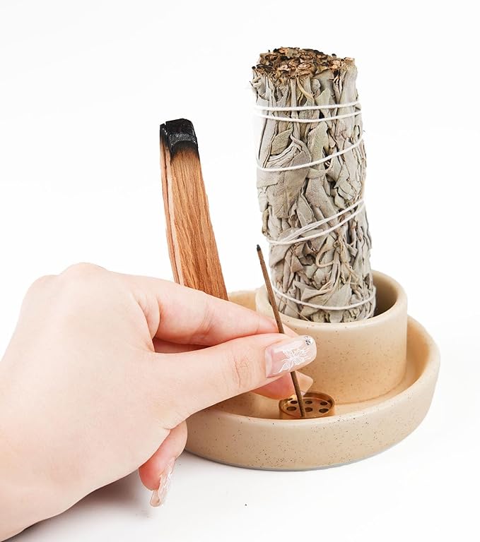 4 in 1 Incense Holder, Ceramic Incense Stick and Palo Santo Holder,Sage Holder for Burning- 5.5" Ceramic Ash Catcher Tray for Meditation and Yoga Room (Sand Gravel) - Bloomnest