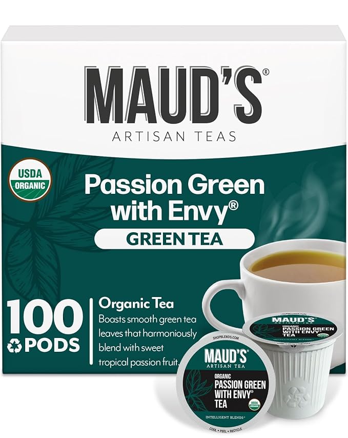 Maud's Organic Passion Green Tea Pods, 100 ct, Recyclable Single Serve Tea Pods – 100% Gourmet Blended Tea Leaves, Compatible with Keurig K Cups Maker - Bloomnest