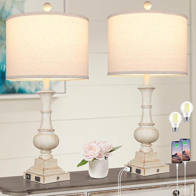 26" Farmhouse Table Lamps, Table Lamps For Living Room Set of 2 with USB A+C Ports & AC Outlet, Vintage Rustic Touch Control 3-Way Dimmable Boho Nightstand Lamp White Washed Resin for Bedroom Deocr - Bloomnest