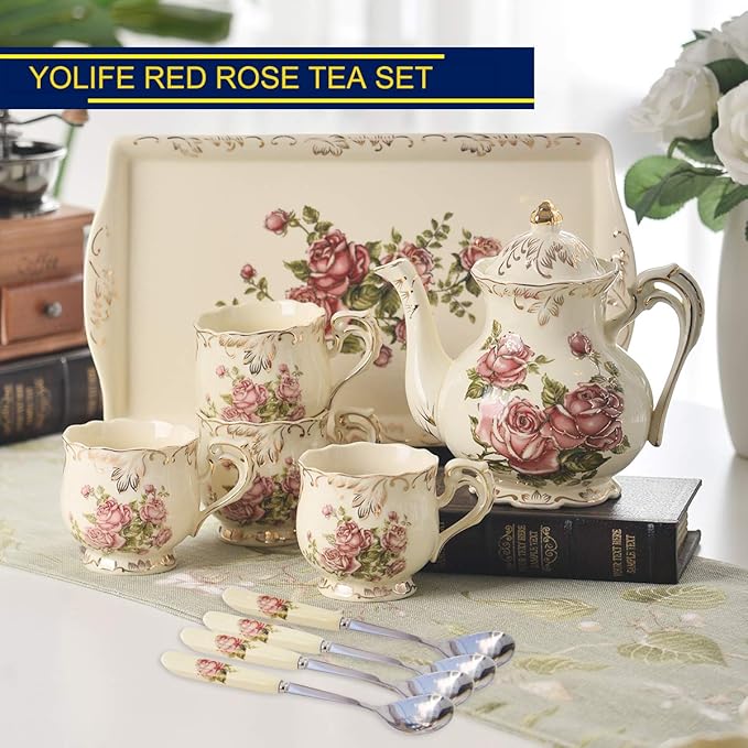 YOLIFE Porcelain Tea Set Vintage Rose, Tea Cups with Teapot, Serving Tray and Teaspoon Service for 4, Suitable for Tea Party Gifts - Bloomnest
