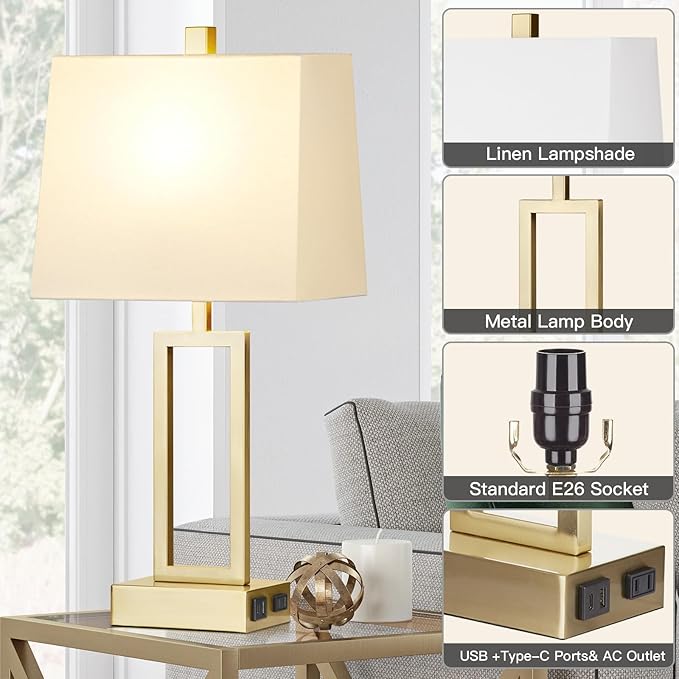 23.5" Touch Control Table Lamps, Metal Bedside Lamp for Bedroom Set of 2 with USB A+C Ports & AC Outlet, 3-Way Dimmable Nightstand Lamp for Living Room (LED Bulb Included) - Bloomnest