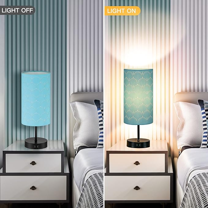 Touch Control Bedside Lamp with 2 USB Ports, 3-Way Dimmable Table lamp for Bedroom, Nightstand Lamp with Round Blue Fabric Shade for Living Room Home Office (E26 LED Bulb Included) - Bloomnest