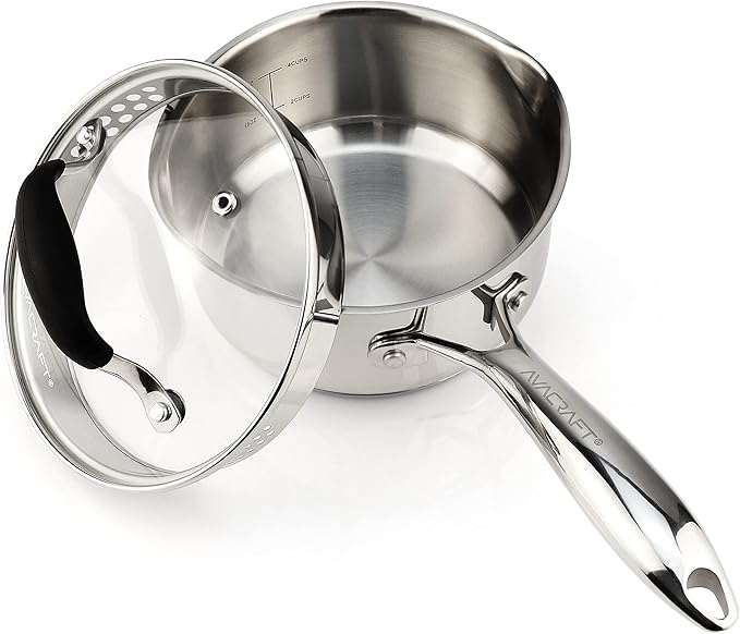 AVACRAFT Multipurpose Sauce Pan/Pot, Stainless Steel with Glass Strainer Lid, Two Side Spouts for Easy Pour with Ergonomic Handle (5-Ply Capsule Bottom, 1.5 Quart) - Bloomnest