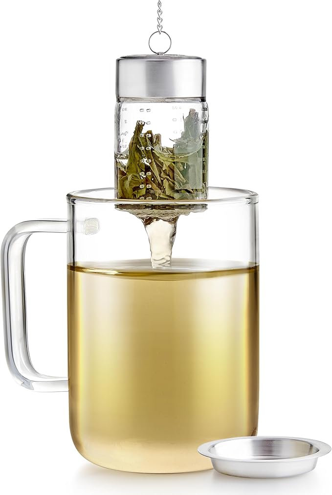 Teabloom Puresteep Glass Tea Infuser with Lid & Drip Tray – Non-Toxic Borosilicate Glass Loose Leaf Steeper with Stainless Steel Chain – Small or Large Size - Bloomnest