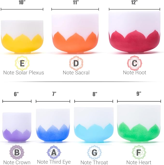6-12 inch Lotus Design Colored Rim Chakra Tuned 432hz Set of 7 Quartz Crystal Singing Bowls with Heavy Duty Carrying Cases and Singing Bowl Mallet Suede Strikers
