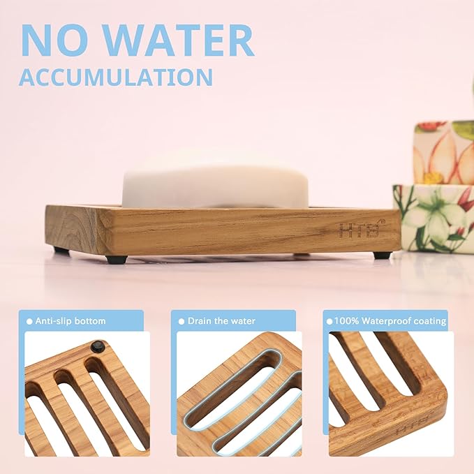Slotted Soap Dish 2 Pack Teak Wood by HTB, Kitchen Wooden Sponge Holder, Self Draining Soap Dish for Shower, Sink, Bathroom, Bathtub, RV - Bloomnest