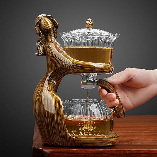 Lazy Kungfu Drip TeaPot, Heat Resistant Tea Set, Semi-Automatic Glass Teapot Suit for Magnetic Water Flow Wooden Glass Teapot Set with Cups (Coffee Maiden)