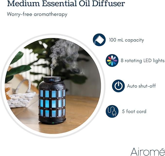 Airome Tavern Medium Essential Oil Diffuser|100 mL Humidifying Ultrasonic Aromatherapy Diffuser 8 Colorful LED Lights, Intermittent & Continual Mist, Auto Shut-Off Airom%C3%A9