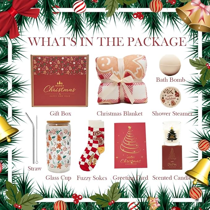 Cozy Christmas Gifts for Women - Unique Holiday Gift Basket with Soft Throw Blanket, Chic Glass Tumbler & Spa Set - Holiday Presents for Mom, Sister, Best Friend, Wife, Coworker - Bloomnest