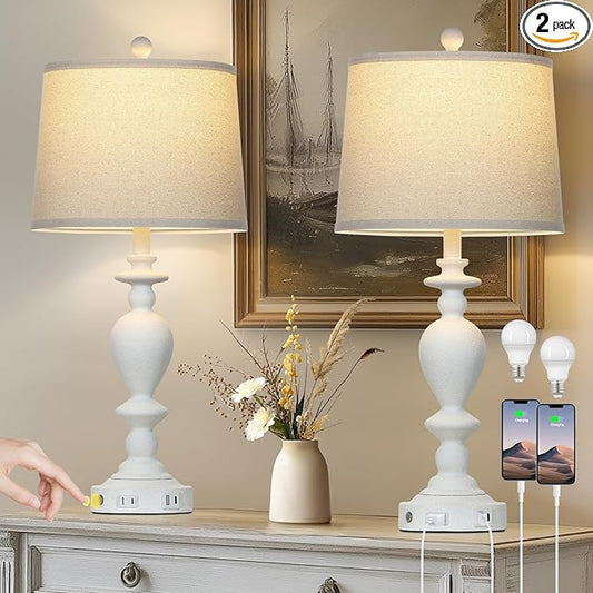 28" White Farmhouse Table Lamps Set of 2 with USB C+A Ports & AC Outlet for Vintage Living Room Rustic Bedroom,3-Way Dimmable Touch Lamp Retro Resin Bedside Lamps for Nightstand Side Table - Bloomnest