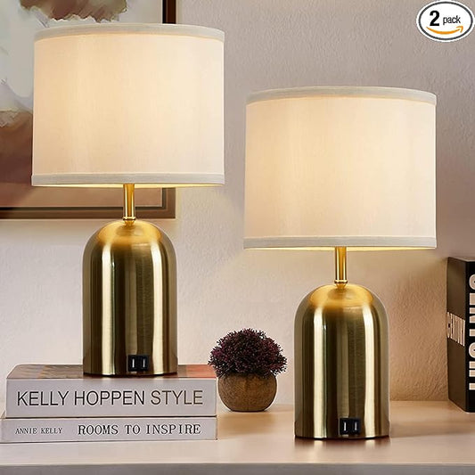 GyroVu Touch Control Table Lamps Set of 2, Gold Bedside Table Lamps for Bedroom Living Room Office, Modern 3 Way Dimmable Desk Lamp for Nightstand with 2 USB Charging Ports, 2 Bulbs Included - Bloomnest
