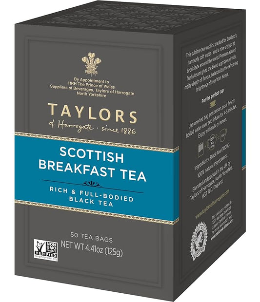 Taylors of Harrogate Scottish Breakfast Black Tea Individually Wrapped Bags, 50 Count (Pack of 1), Strong, Malty and Full, Caffeinated, Enjoy Hot or Iced, 50 Teabags - Bloomnest