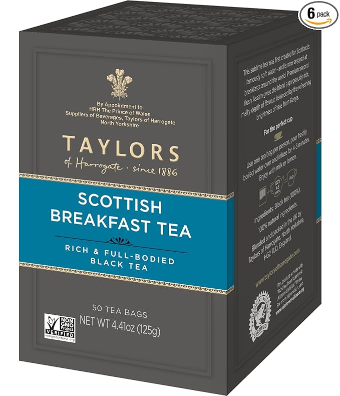 Taylors of Harrogate Scottish Breakfast, Black Tea, Pillow Tea Bags, 50 Count (Pack of 6), Strong, Malty and Full, Caffeinated, Enjoy Hot or Iced, 300 Teabags Total - Bloomnest