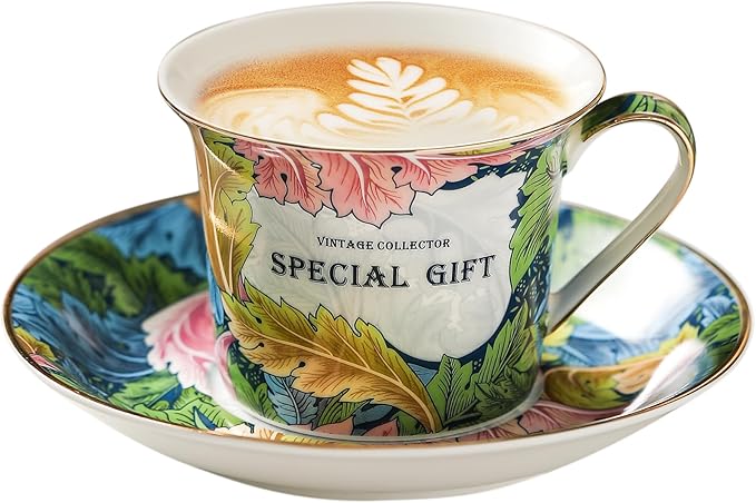 ACMLIFE Tea Cup and Saucer Set for 1, Vintage Floral Bone China Tea Cup Set with Saucer 24K Gold, Porcelain Tea Cup with Spoon and Gift Box, 6.8 oz (Green) - Bloomnest