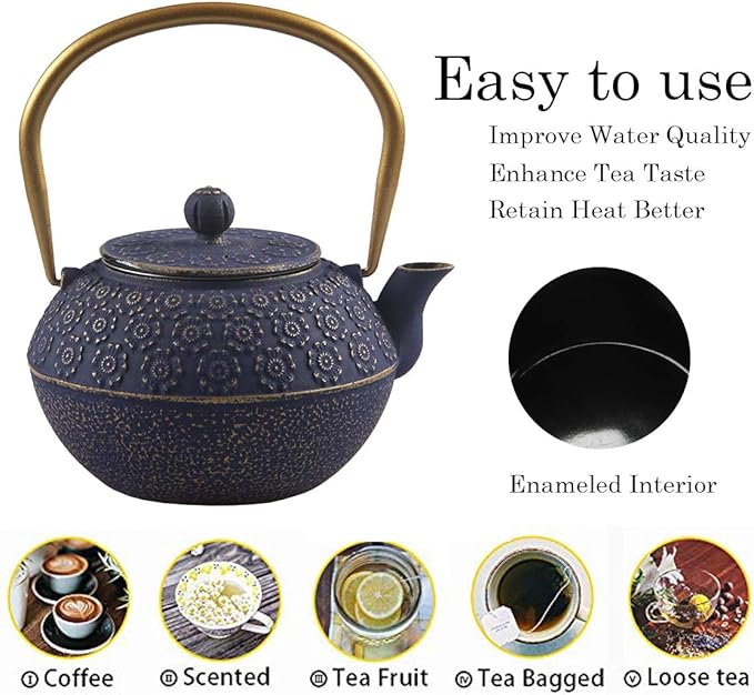 Teapot Cast Iron Tea Kettle for Stovetop Safe Coated with Enameled Interior,Japanese Cast Iron Teapot with Stainless Steel Infuser for Loose Tea(33.8oz) - Bloomnest