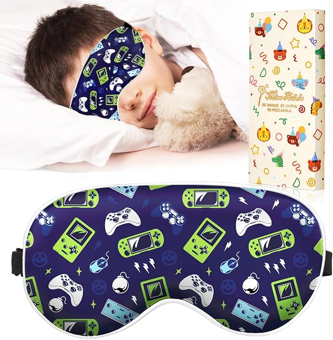 Sleep Mask for Kids - Cute Kawaii Cartoon Silk Sleeping Mask with Adjustable Strap Soft Smooth Light Eye Mask for Sleeping Silk Kids Eye Cover for Boys Girls Teens, BU Green Game - Bloomnest